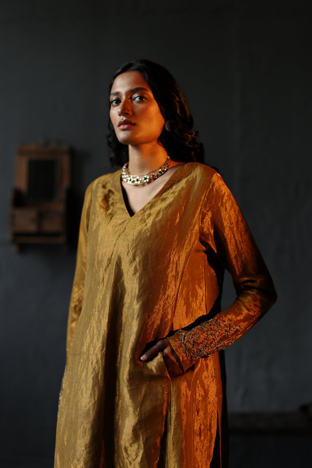 Tannu Kurta in Vintage Gold Tissue with Farshi