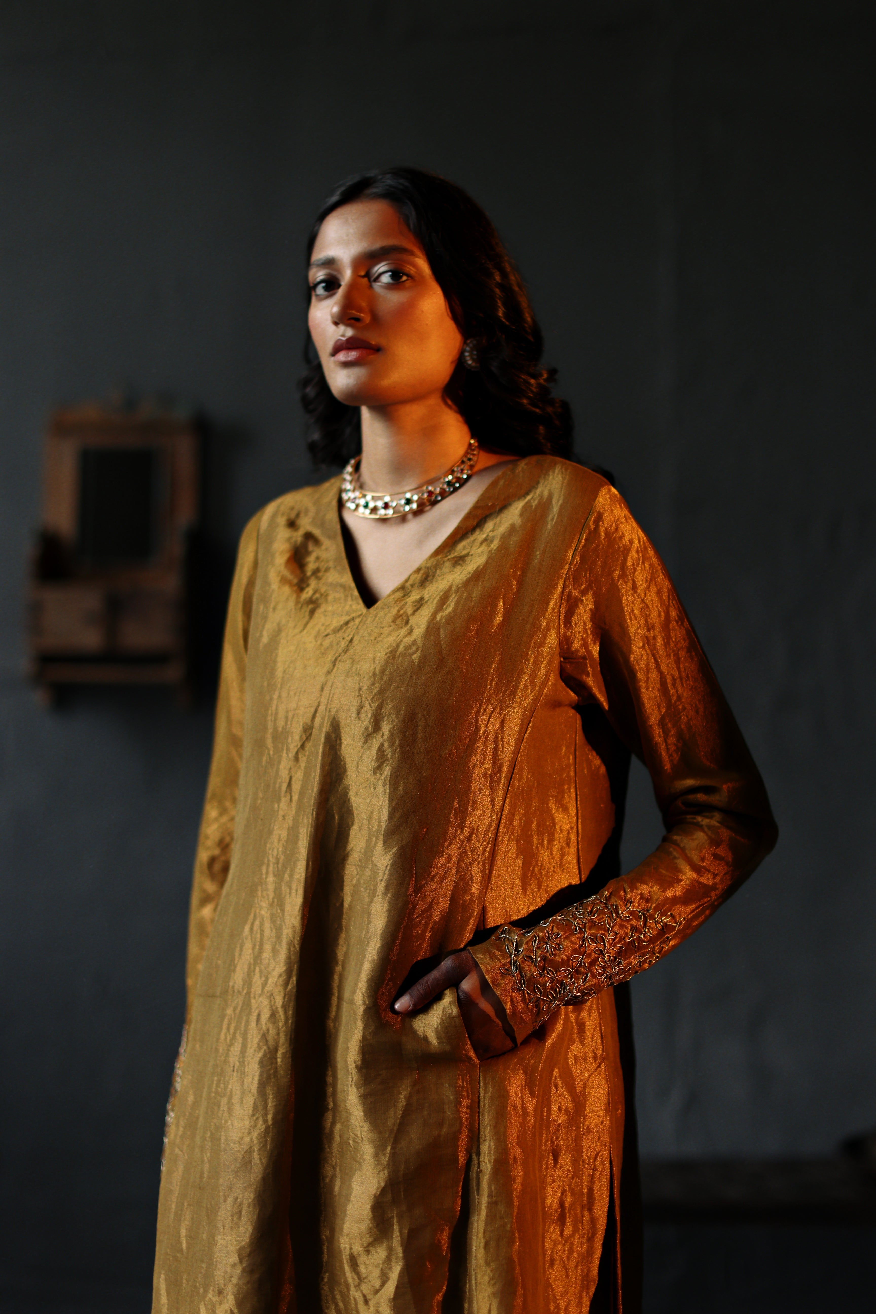 Tannu Kurta in Vintage Gold Tissue with Farshi