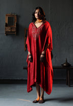 Nushka Kaftan in Ruby Red Silk with farshi.
