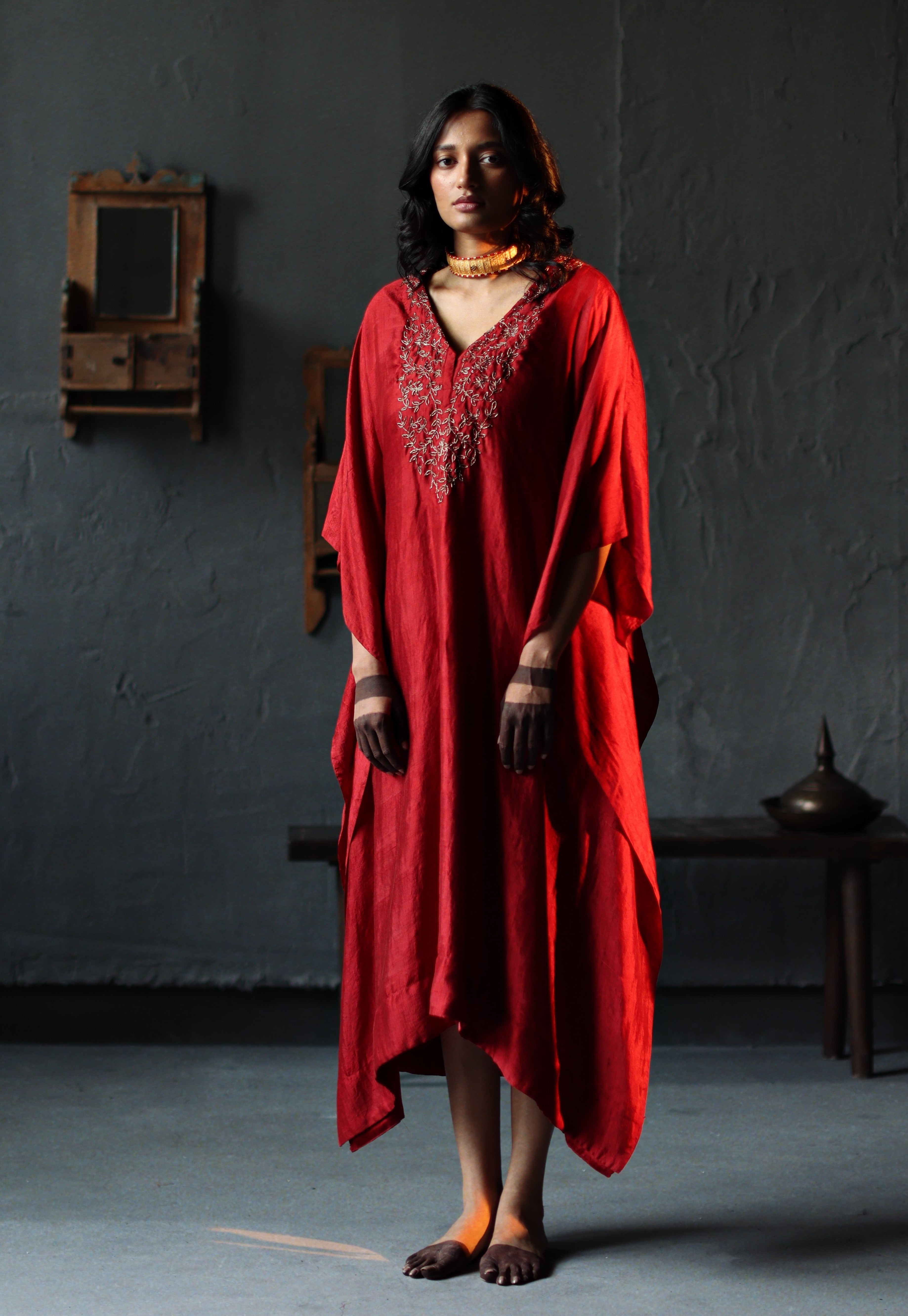 Nushka Kaftan in Ruby Red Silk with farshi.