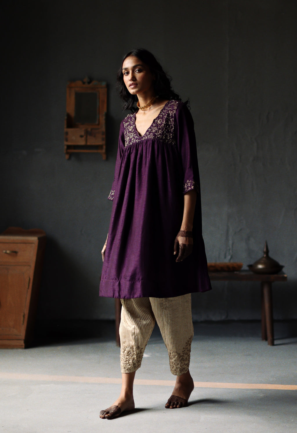 Empireline Kurta in Garnet Purple Raw Silk with Shalwar