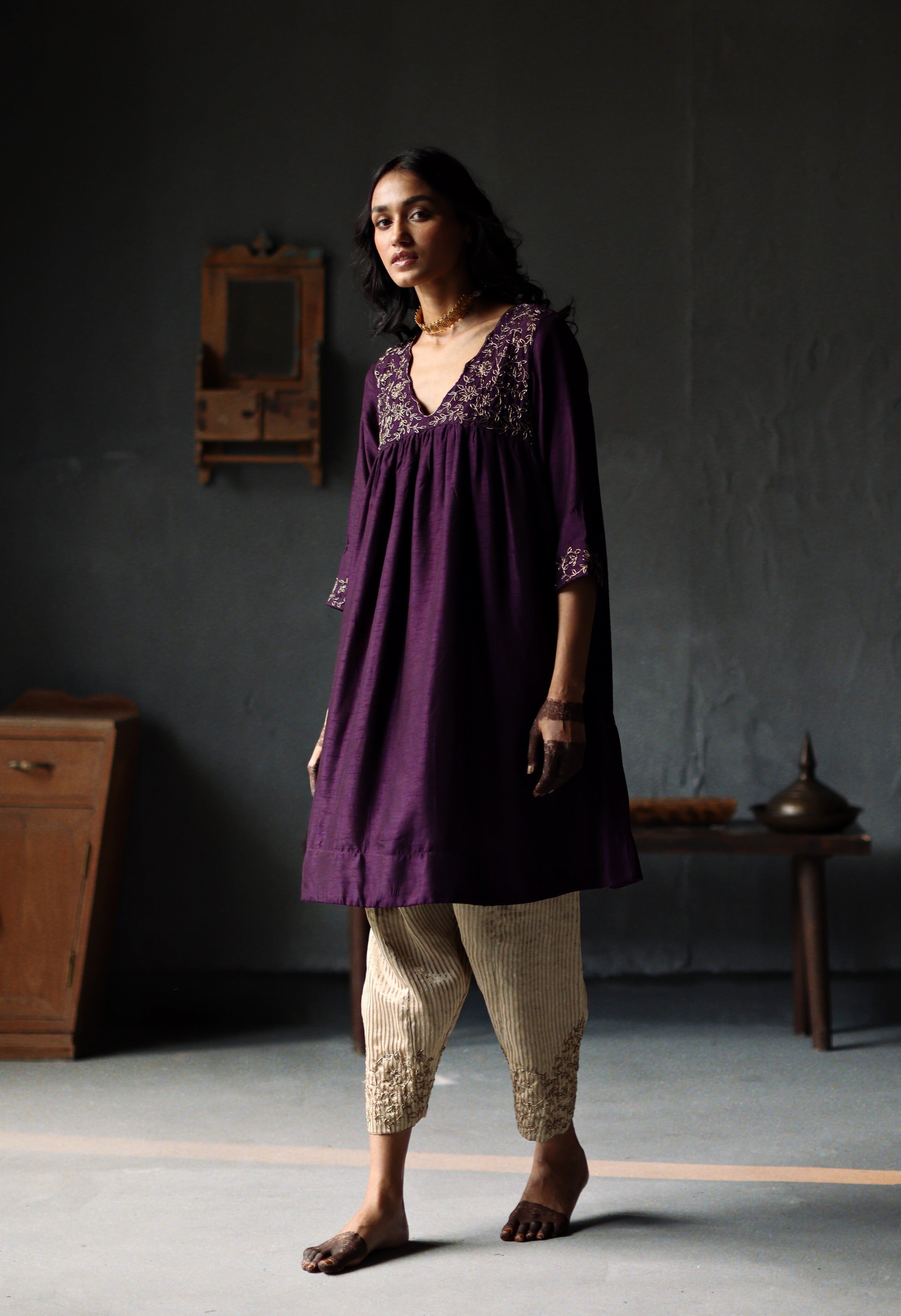 Empireline Kurta in Garnet Purple Raw Silk with Shalwar