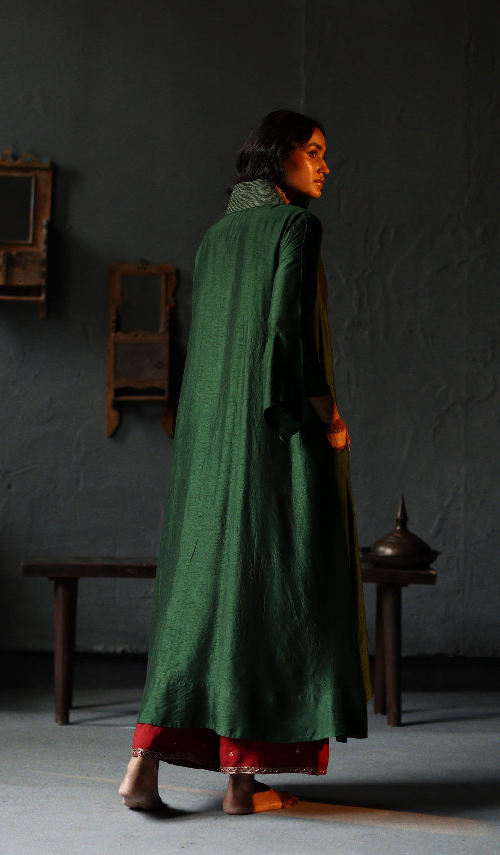 Ooch Neech in Emerald Green Raw Silk with Farshi