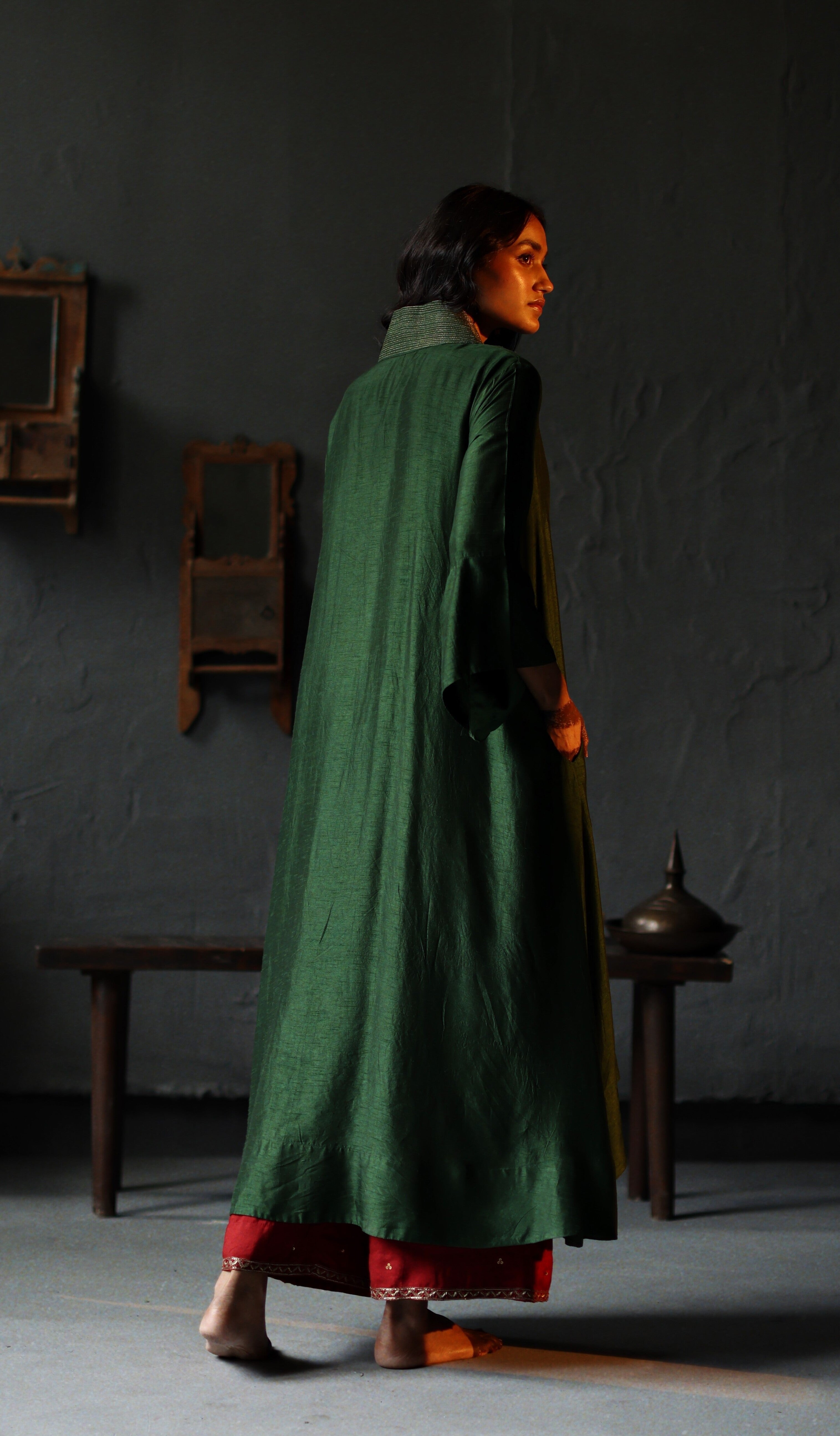 Ooch Neech in Emerald Green Raw Silk with Farshi