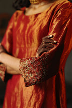 Asymmetrical Dress in Ruby Red Tissue with Pants