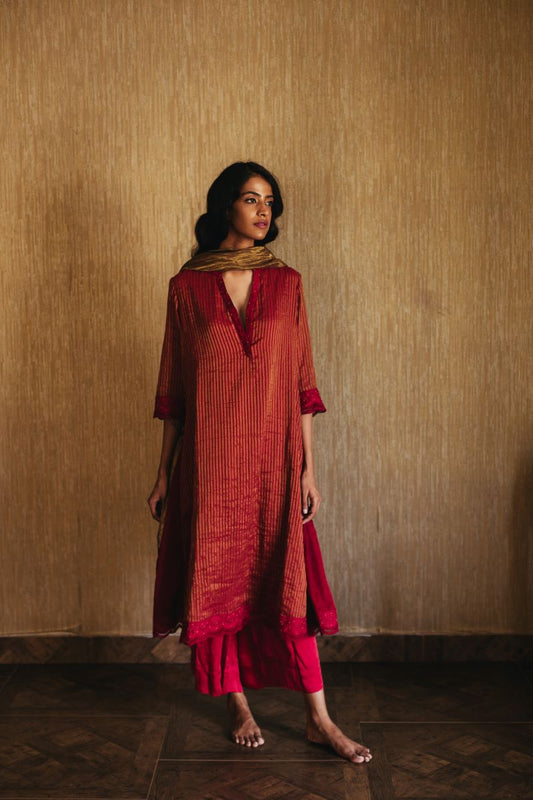 Maxi Kurta In Red Tissue Stripe Cotton With Palazzo