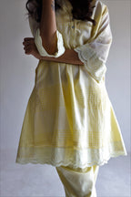 Mini Kurta In Kesar Yellow Jamdani Grid Checks With Pants