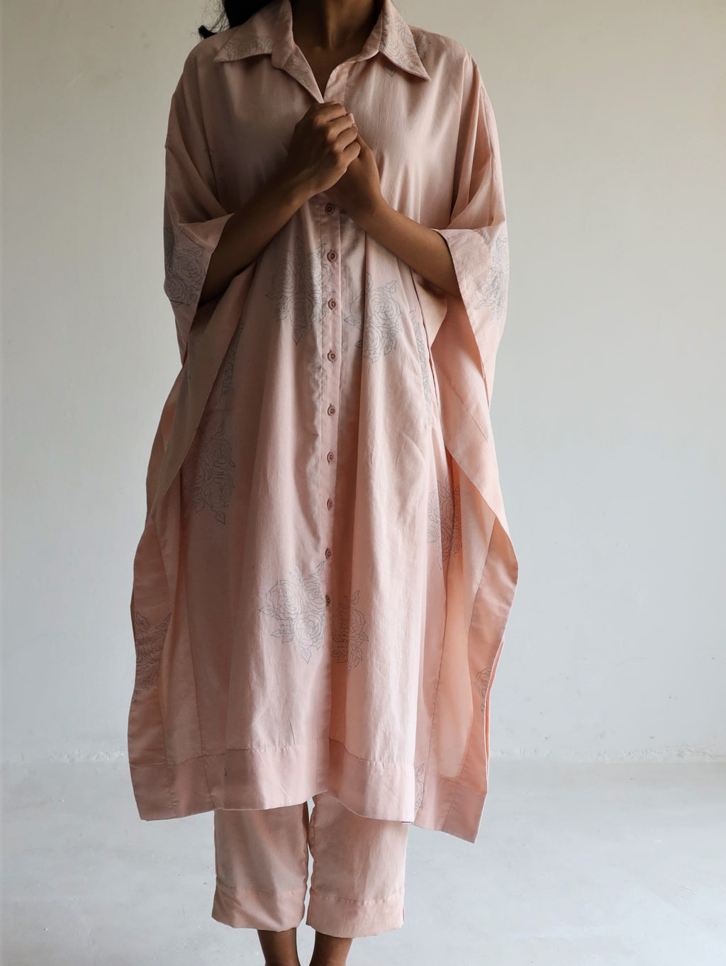 Kaftan Shirt in Gulab Pink Block Print Muslin