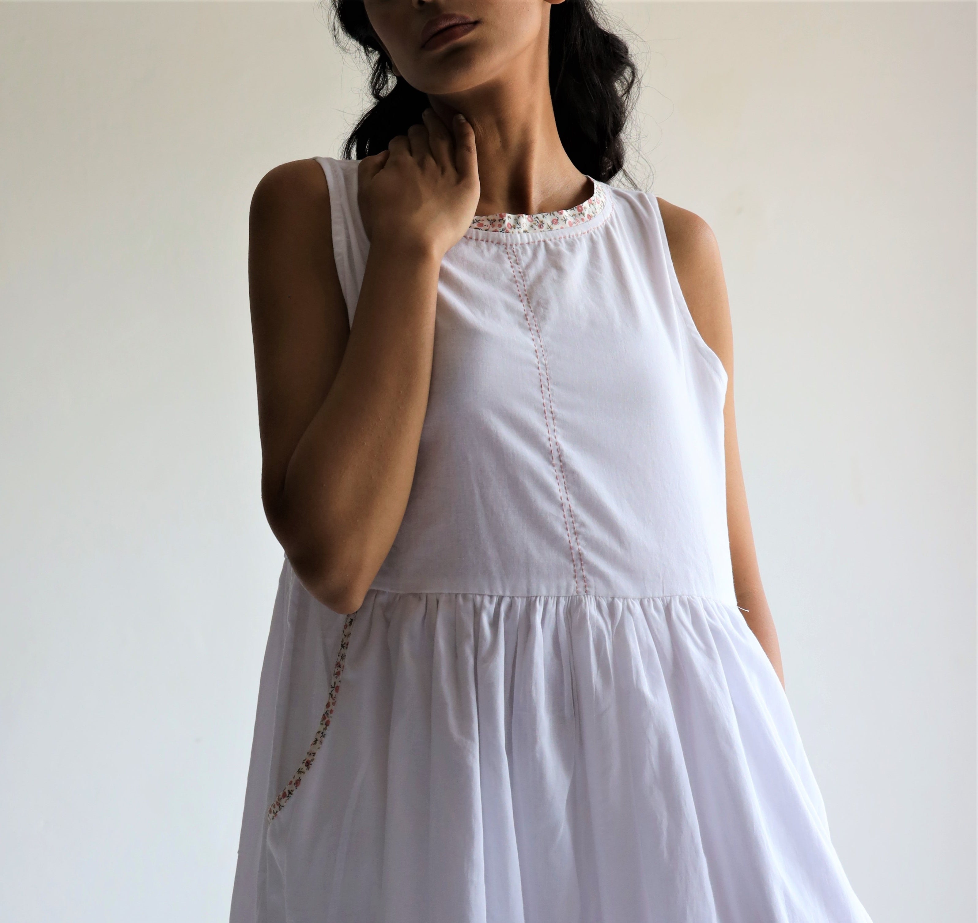 Sleeveless Ana Dress in White Bengal Handloom