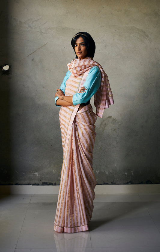 Sari In Baby Pink Tissue Stripes