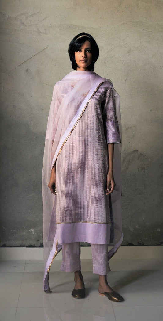 Anu Kurta In Pinstripe Lavender Tissue With Pants