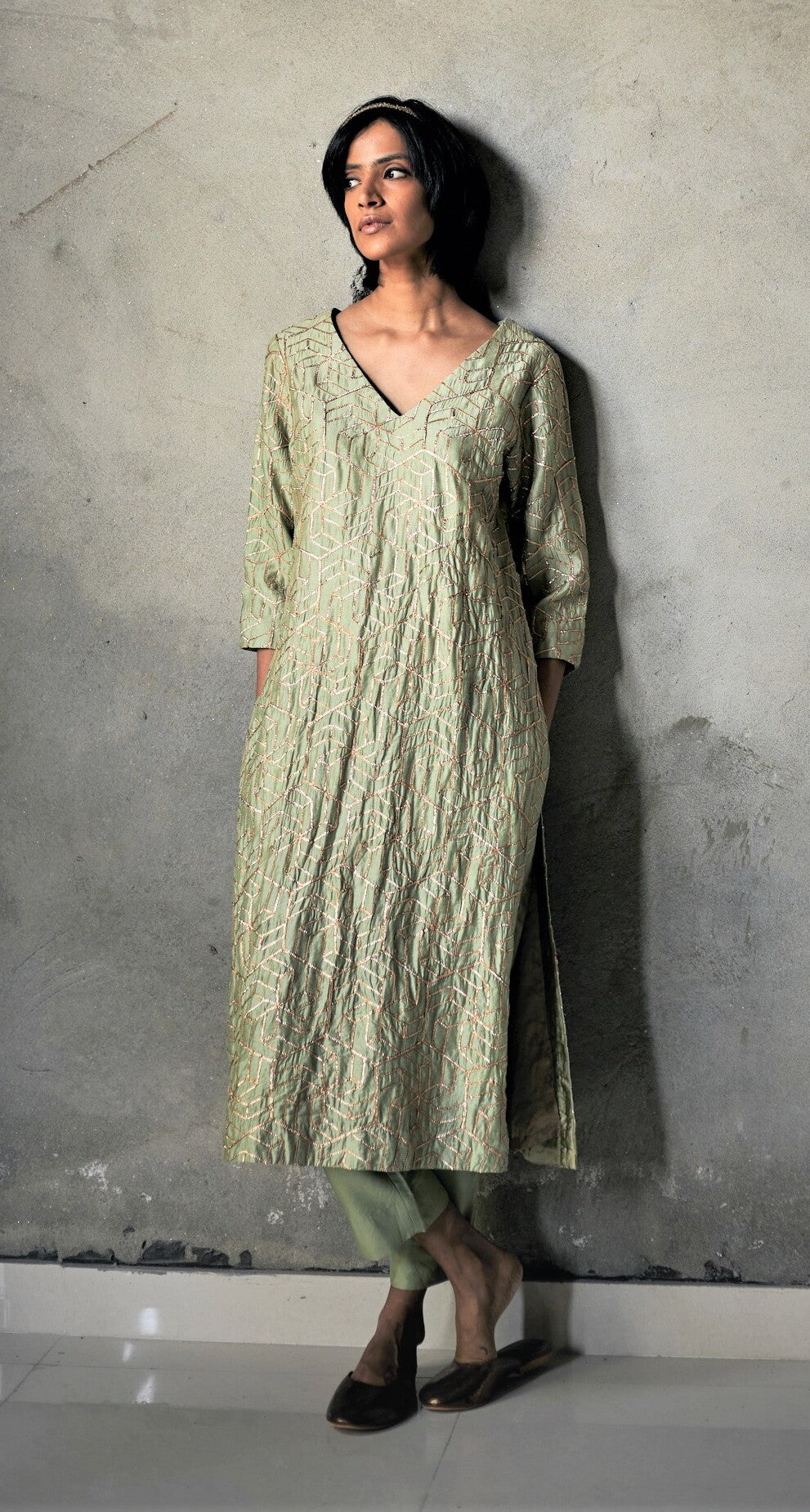 Anu Kurta In Pista Octa Gota Chanderi With Pants