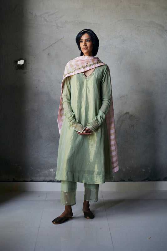 Maxi Kurta In Pista Gold Tissue With Slightly Flared Pants