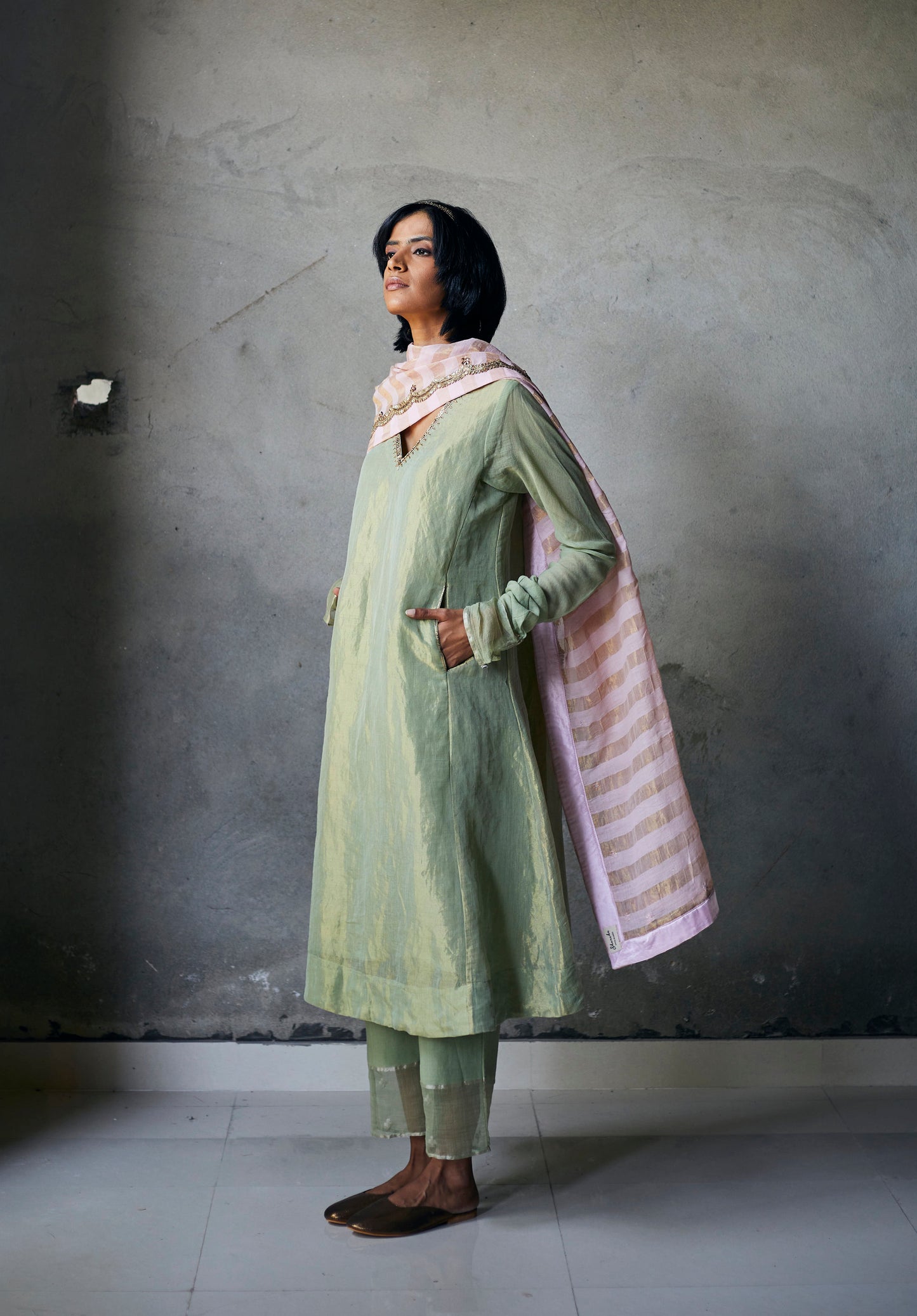 Maxi Kurta In Pista Gold Tissue With Slightly Flared Pants
