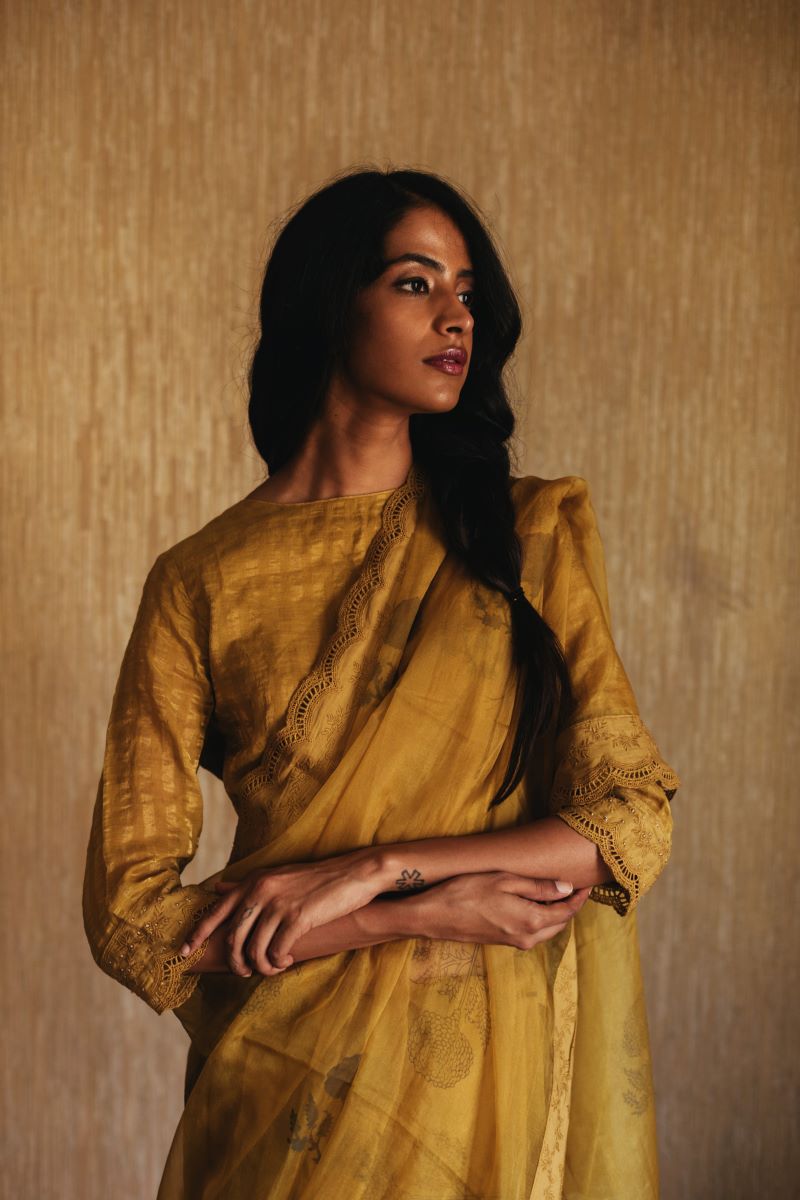 Saree in Mustard Organza With Hand Block Print