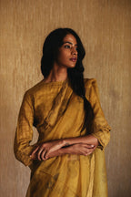 Saree in Mustard Organza With Hand Block Print