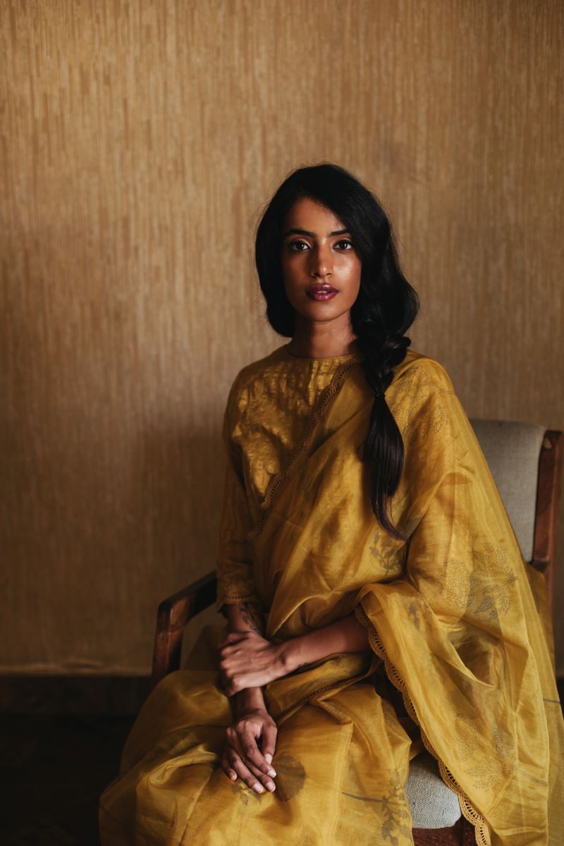 Saree in Mustard Organza With Hand Block Print