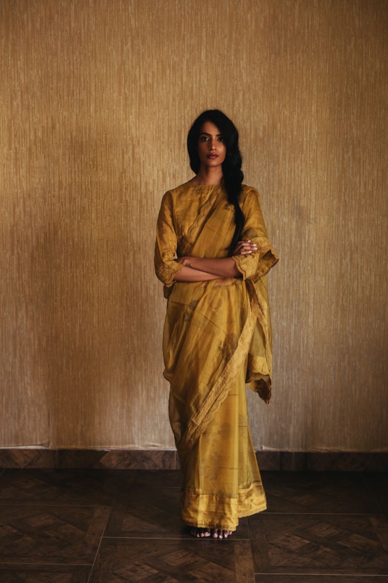 Saree in Mustard Organza With Hand Block Print