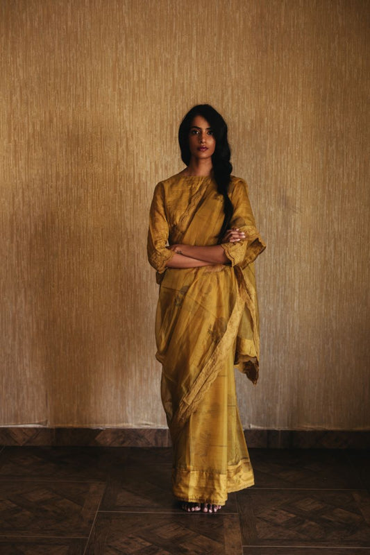 Saree in Mustard Organza With Hand Block Print