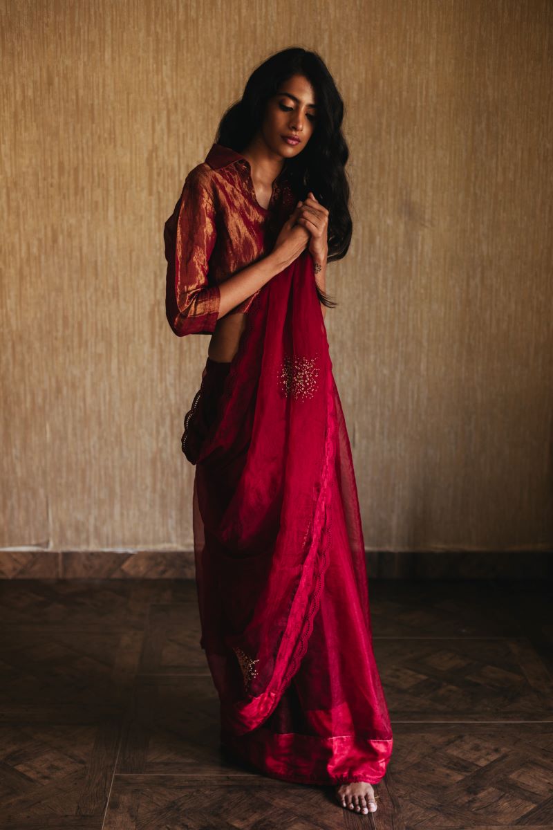 Sari In Red Silk Organza With Spread Flower Embroidery