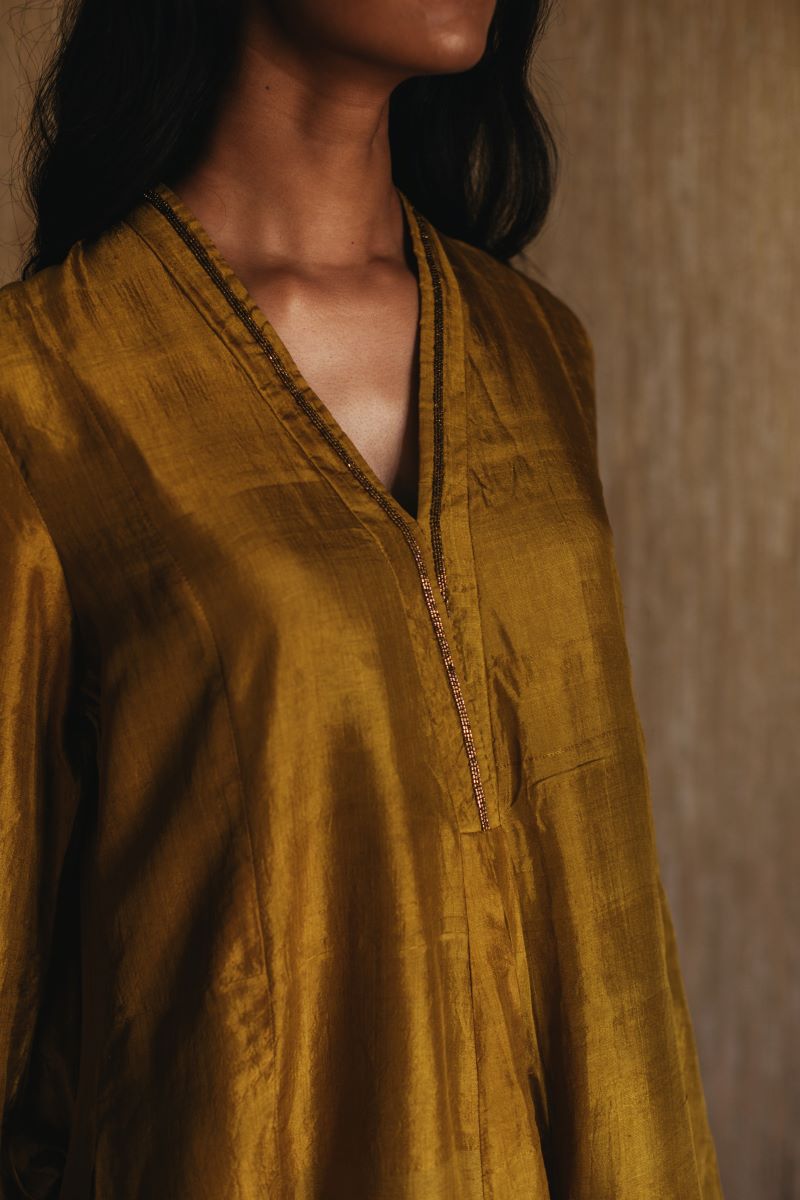 Shashiko Dress In Mustard Handwoven Silk With Cigarette Pant In Satin