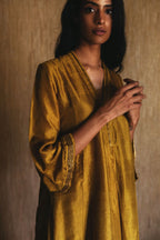 Shashiko Dress In Mustard Handwoven Silk With Cigarette Pant In Satin
