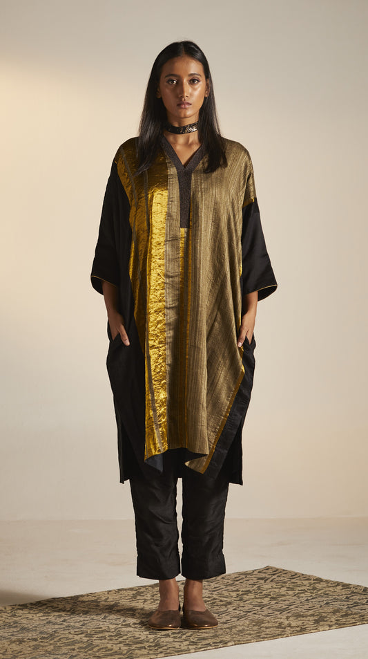 Kimono Kurta in Black and Gold Handwoven Pure Silk with Pants