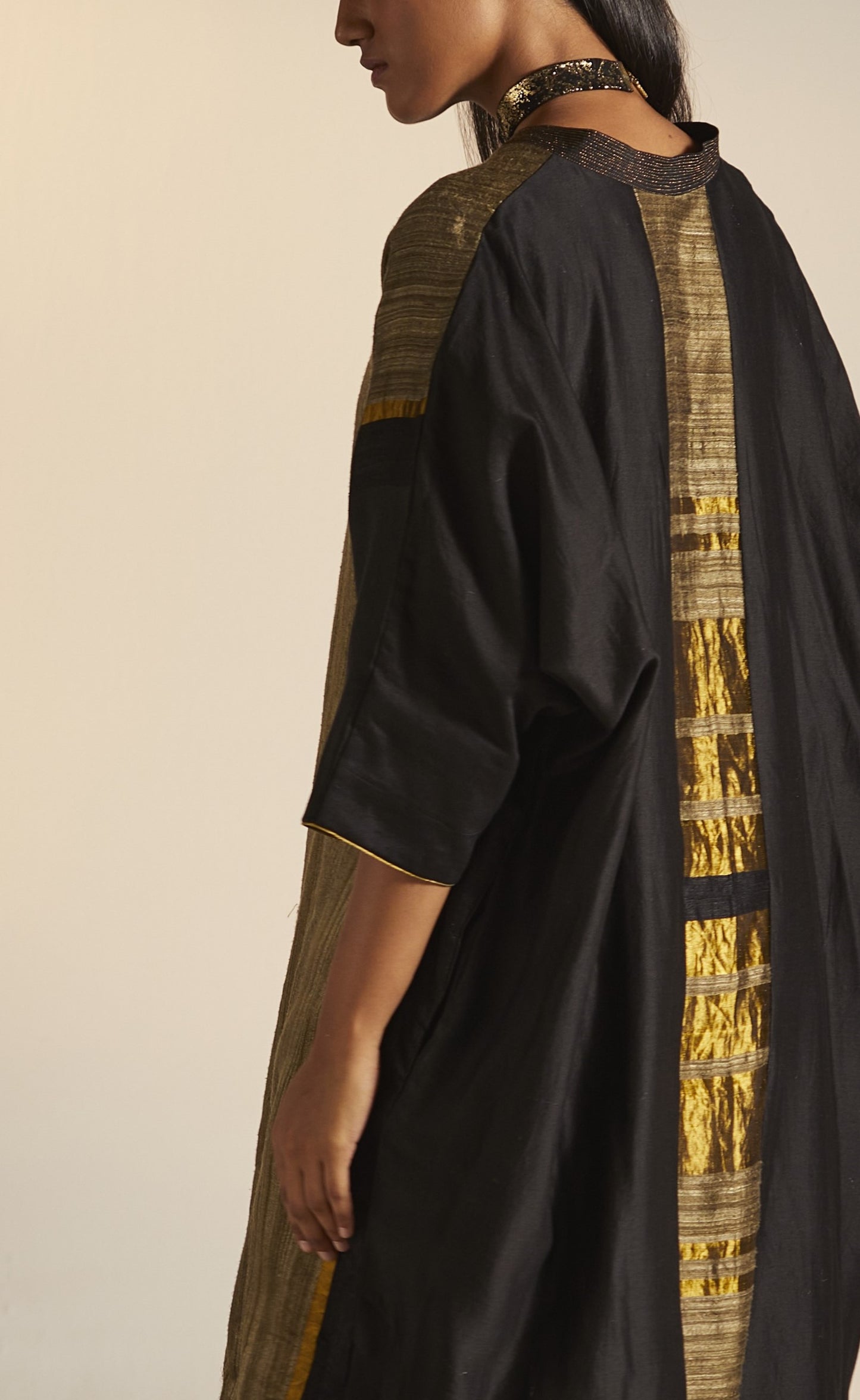 Kimono Kurta in Black and Gold Handwoven Pure Silk with Pants