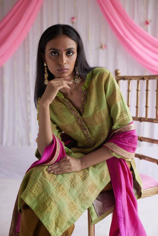 Mini Kurta in Citrus Green Grid Checks with Shalwar.