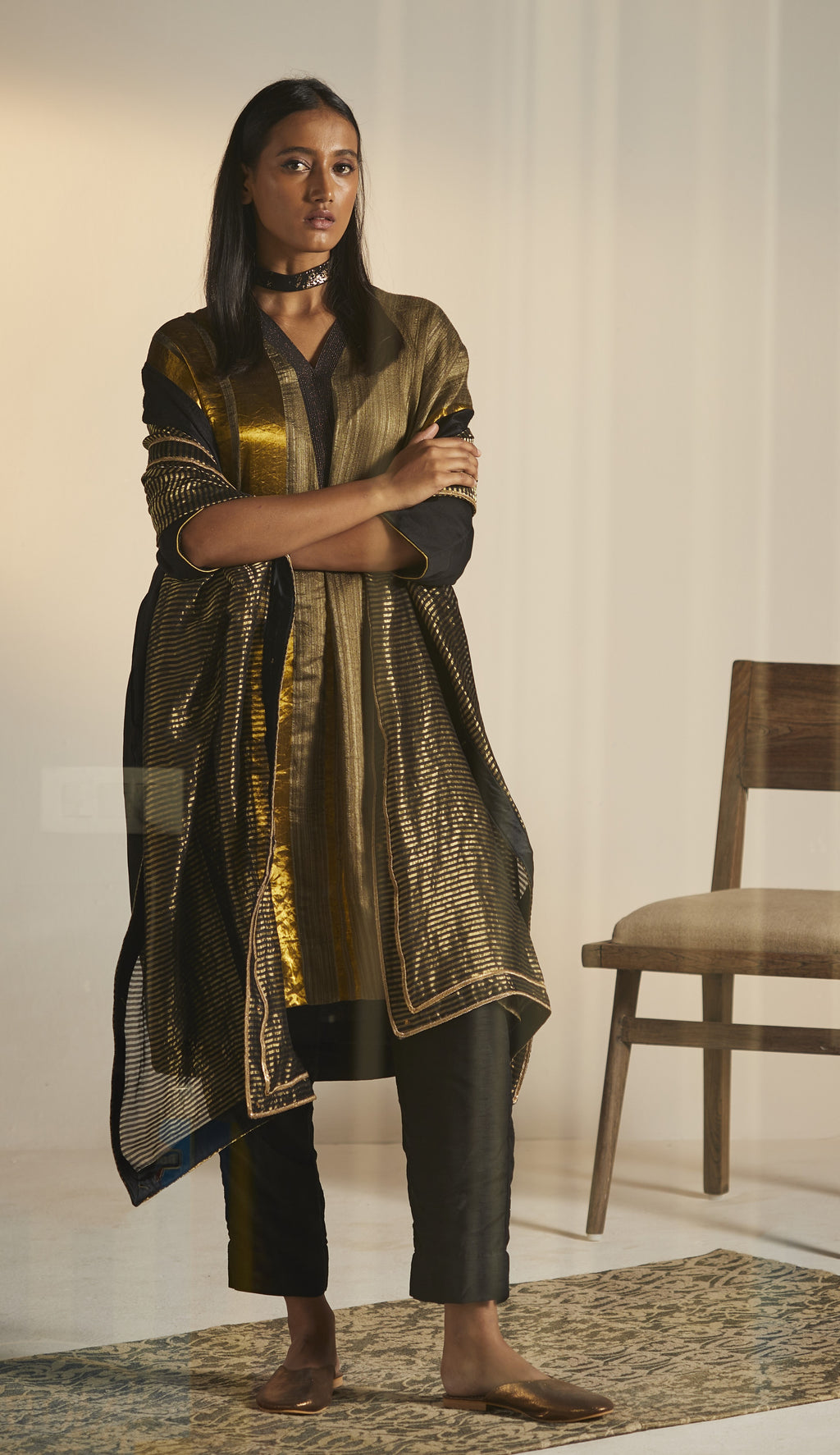 Dupatta in Black Tissue stripes