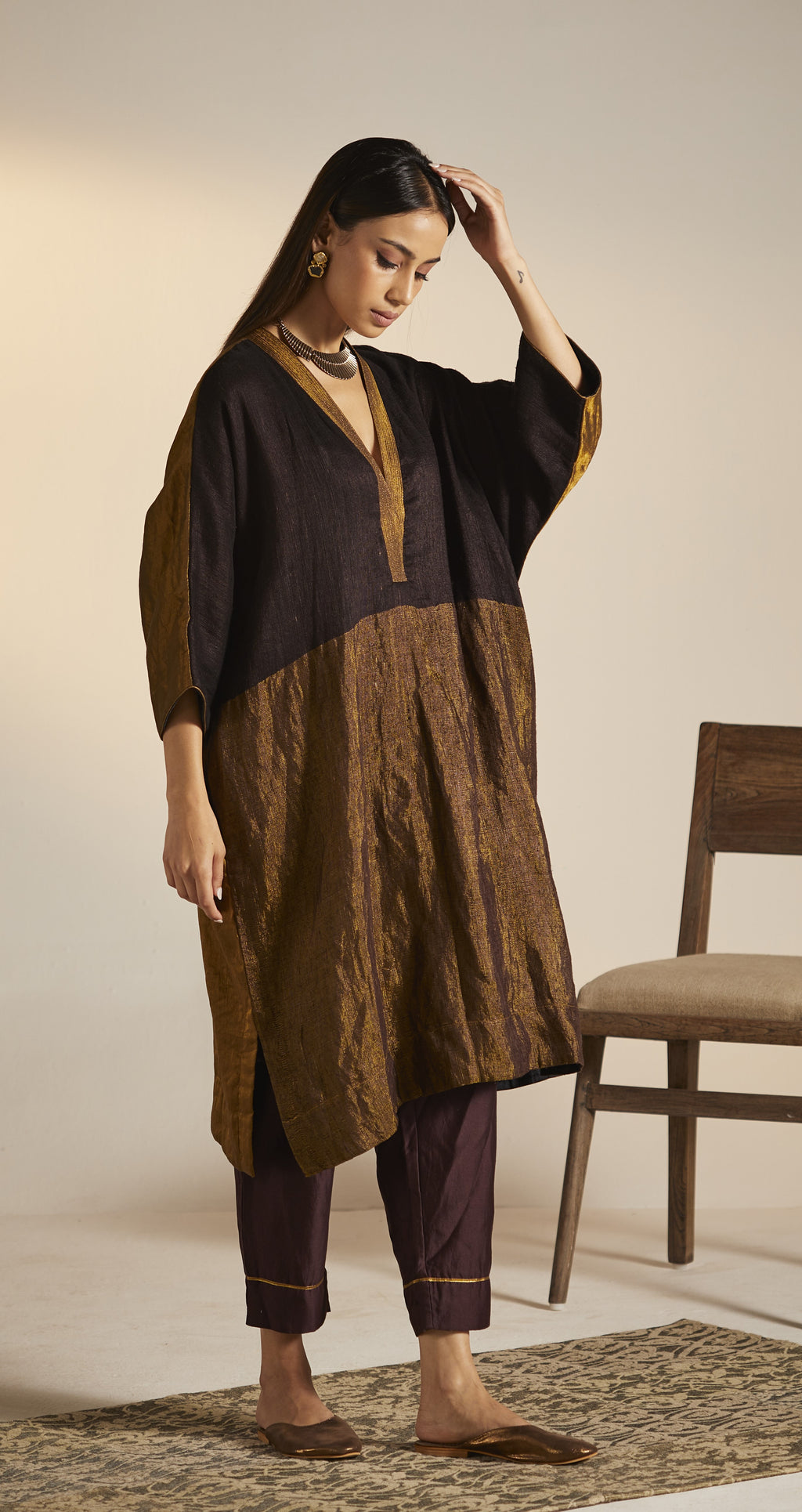 Kimono Kurta in Wine Handwoven Pure Matka Silk with Pants