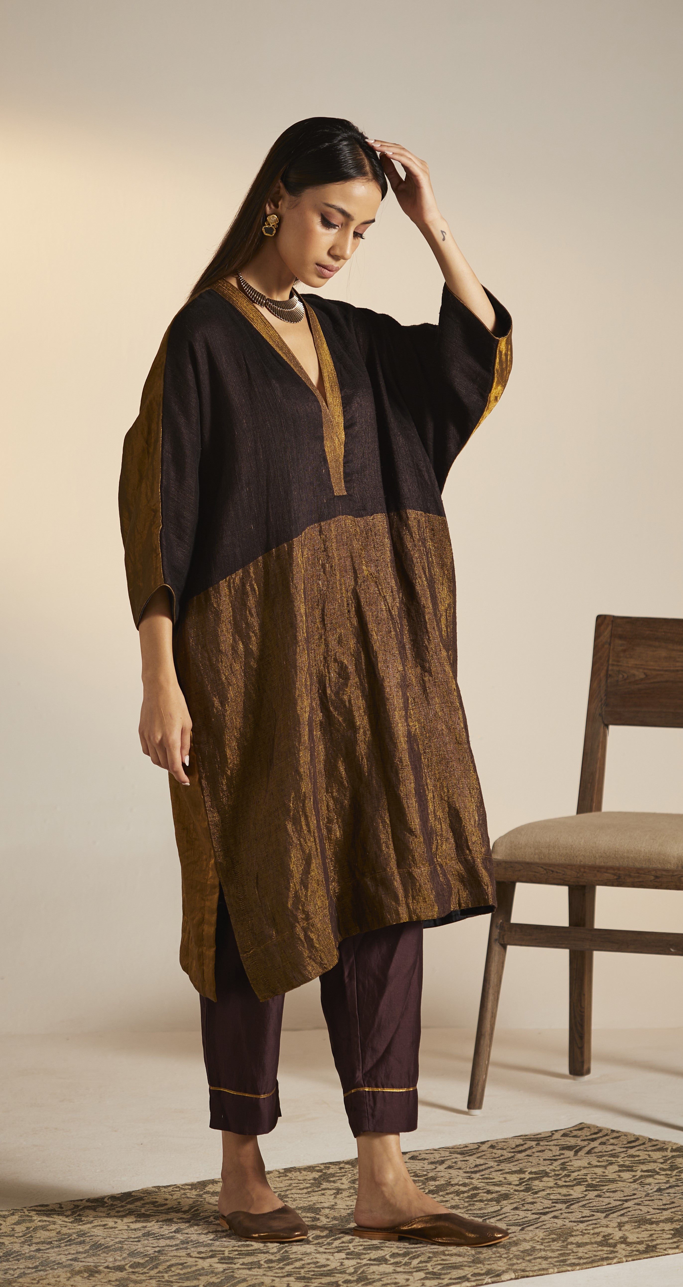 Kimono Kurta in Wine Handwoven Pure Matka Silk with Pants