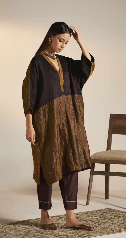 Kimono Kurta in Wine Handwoven Pure Silk with Pants