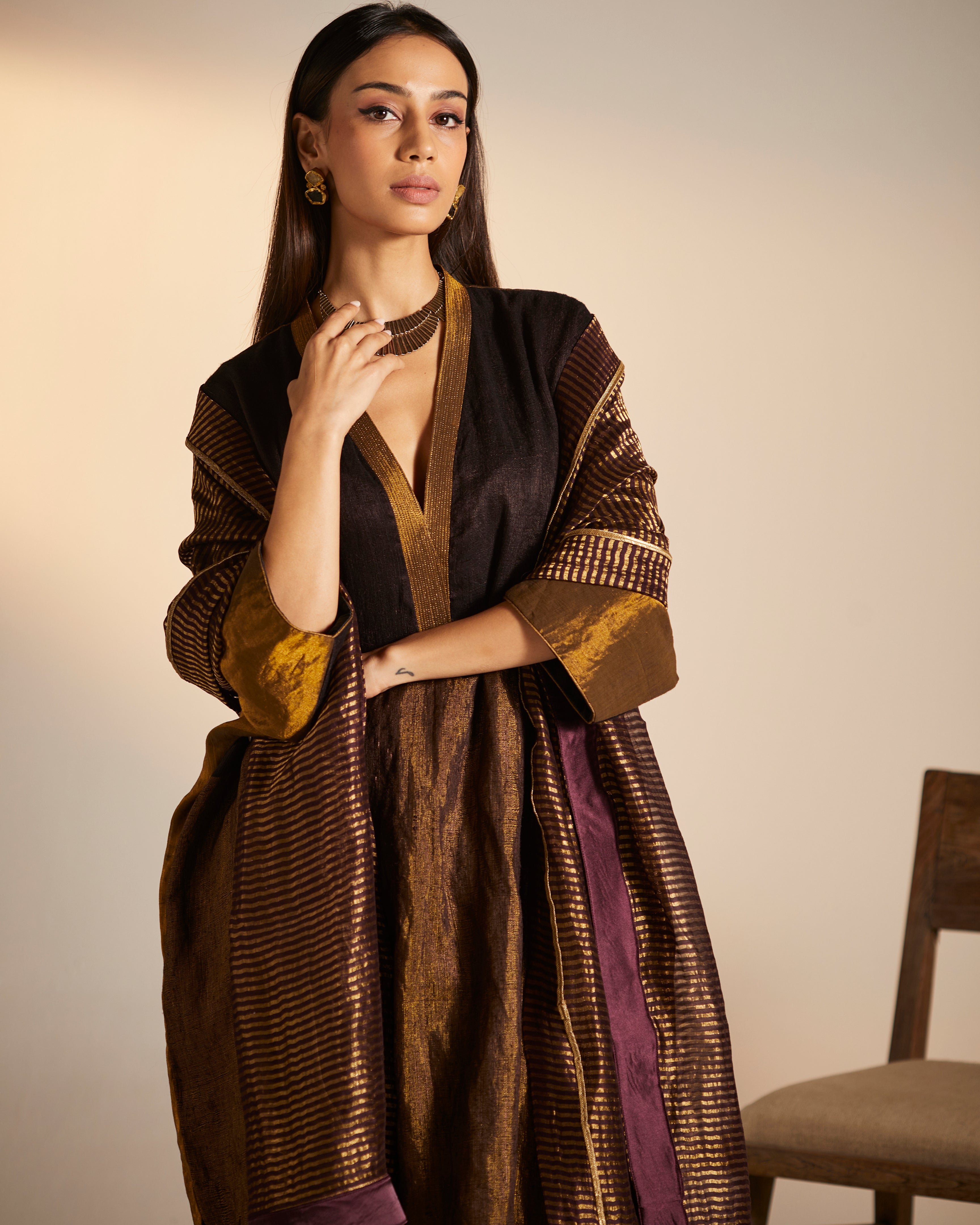 Dupatta in Wine Tissue stripes