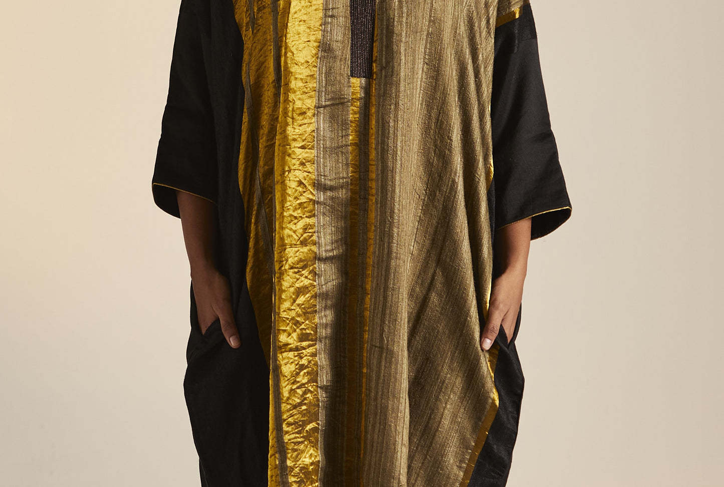 Kimono Kurta in Black and Gold Handwoven Pure Silk with Pants