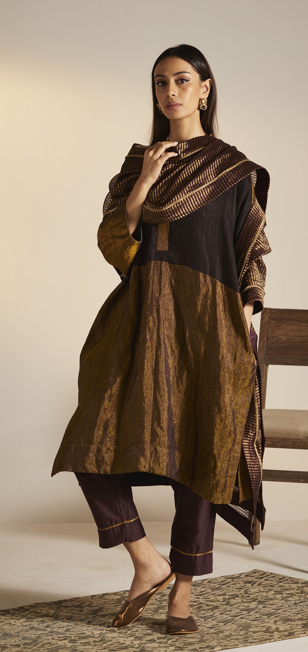 Kimono Kurta in Wine Handwoven Pure Matka Silk with Pants