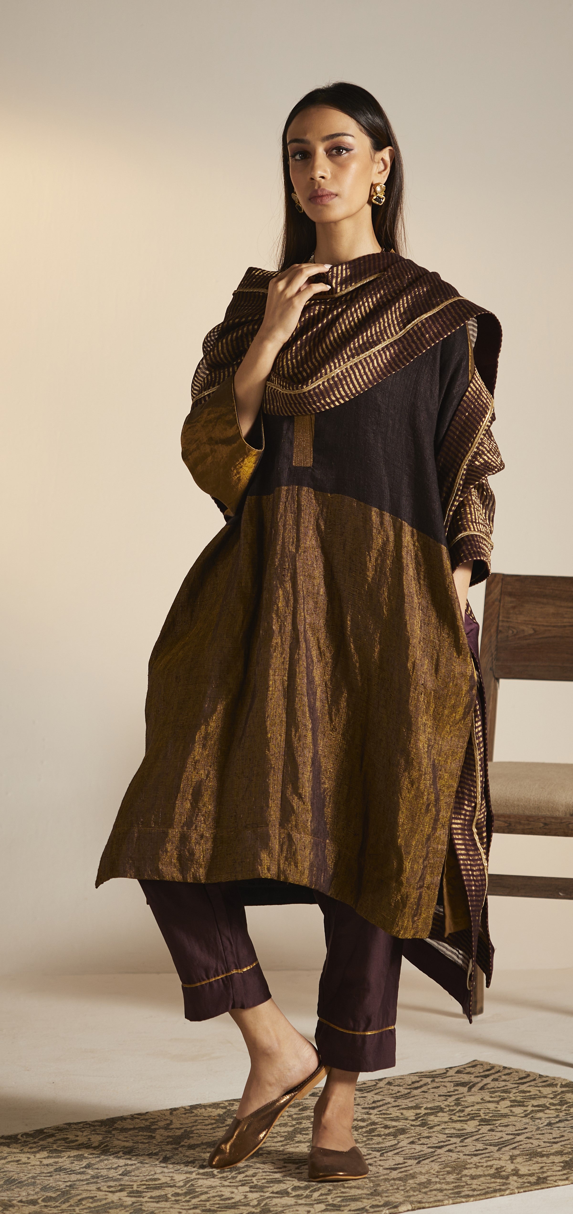 Kimono Kurta in Wine Handwoven Pure Matka Silk with Pants