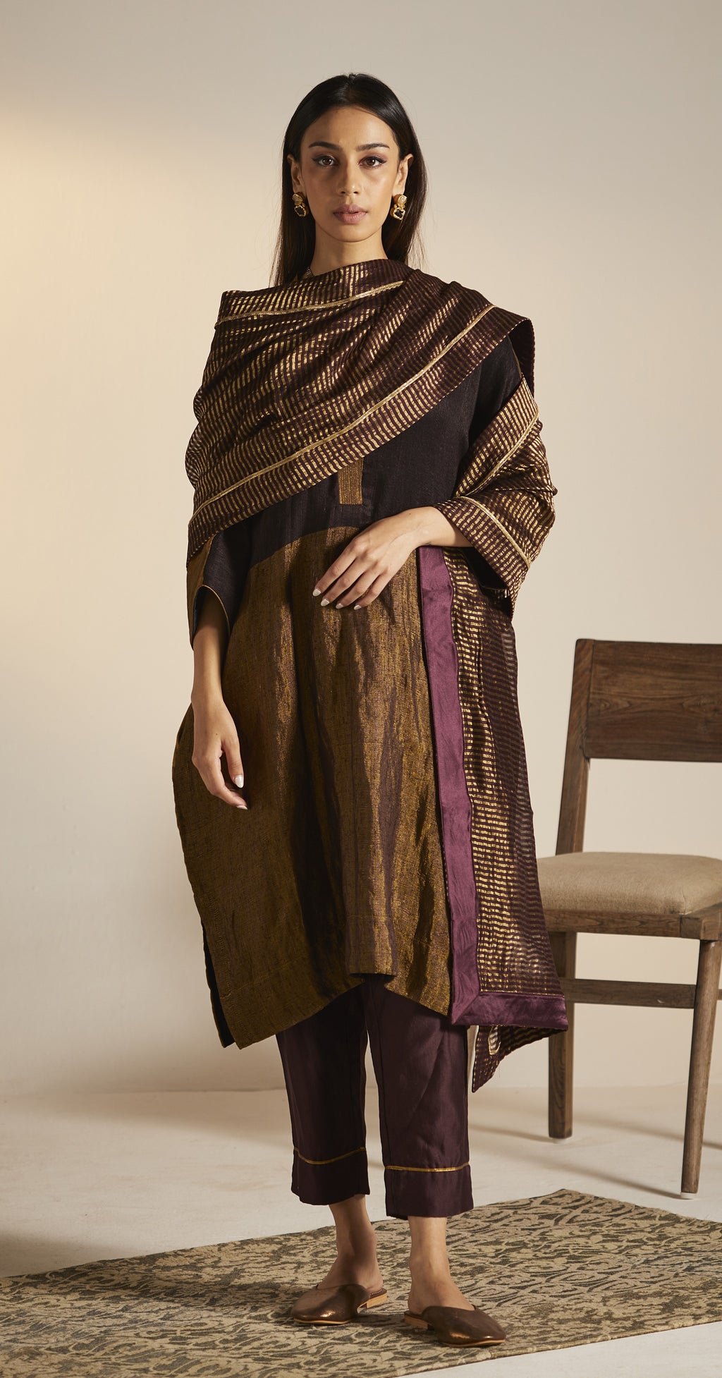 Dupatta in Wine Tissue stripes