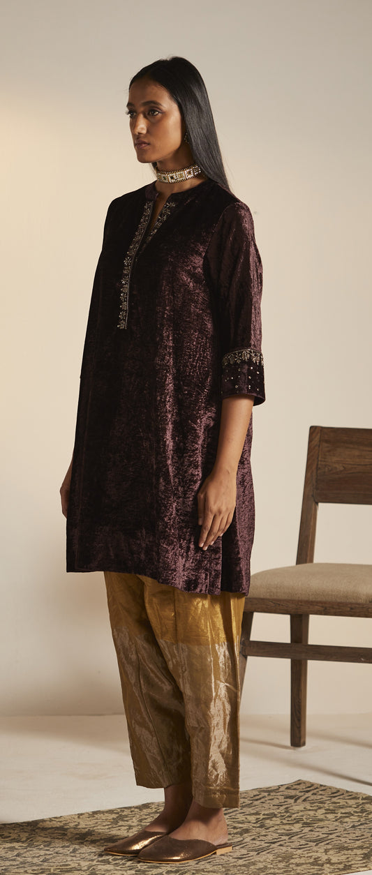 Mini Kurta in Plum Velvet with Shalwar