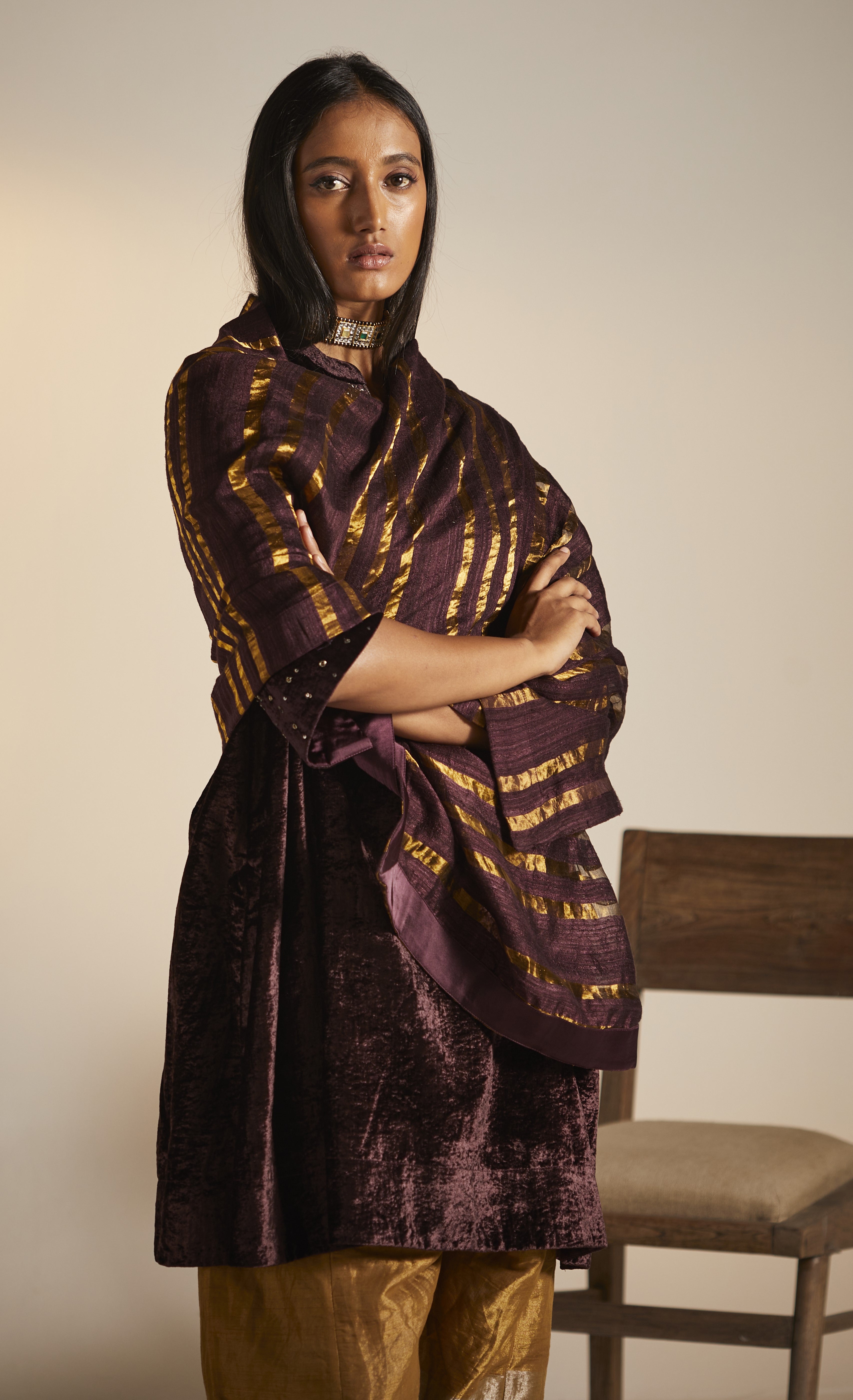 Dupatta in Wine pure Silk and Zari stripes