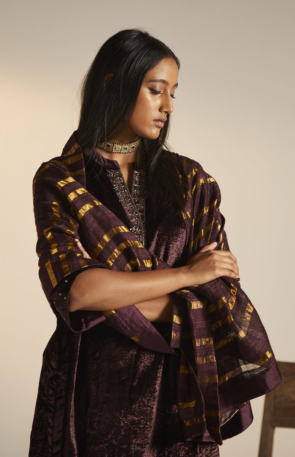 Dupatta in Wine pure Silk and Zari stripes