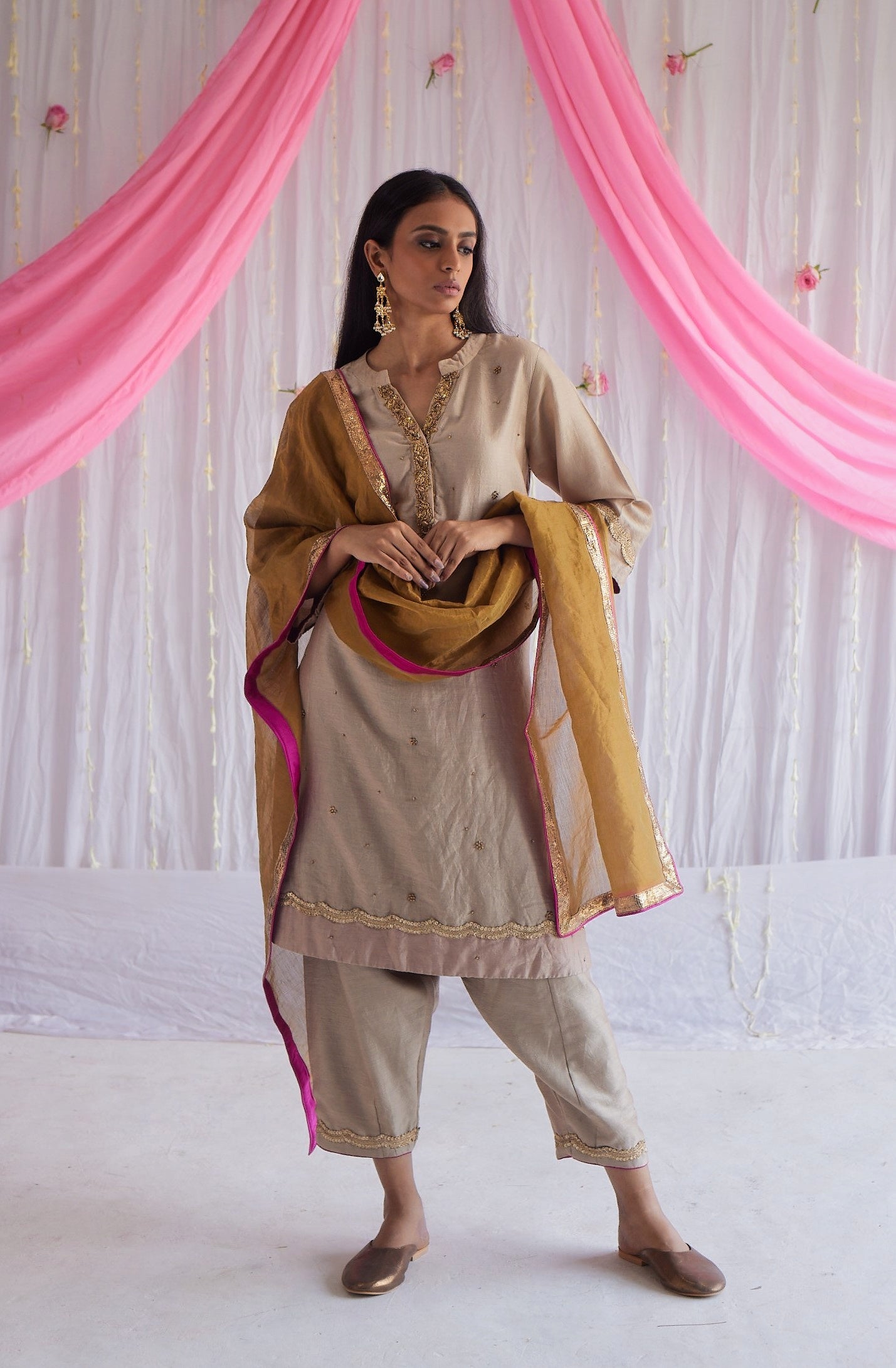 Chitkan Kurta in Pearl Beige Chanderi with Shalwar.
