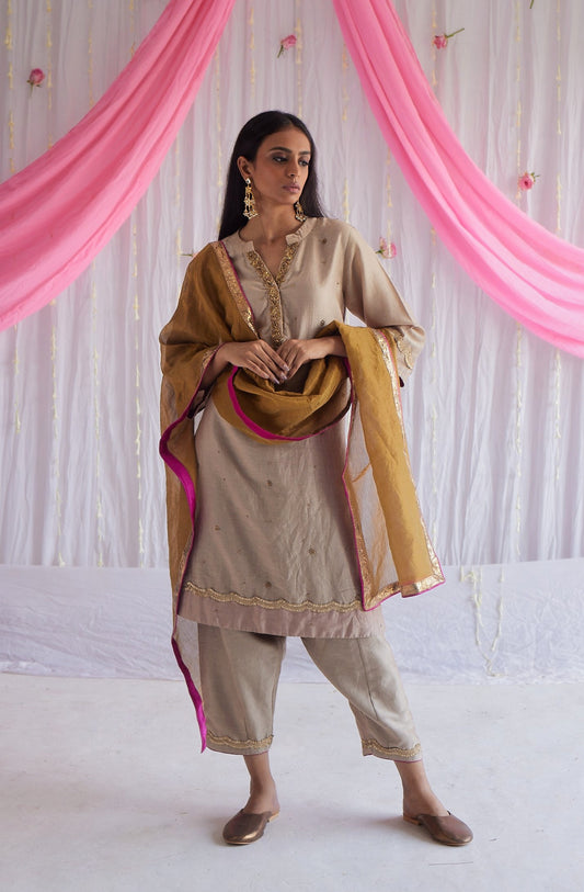 Chitkan Kurta in Pearl Beige Chanderi with Shalwar.