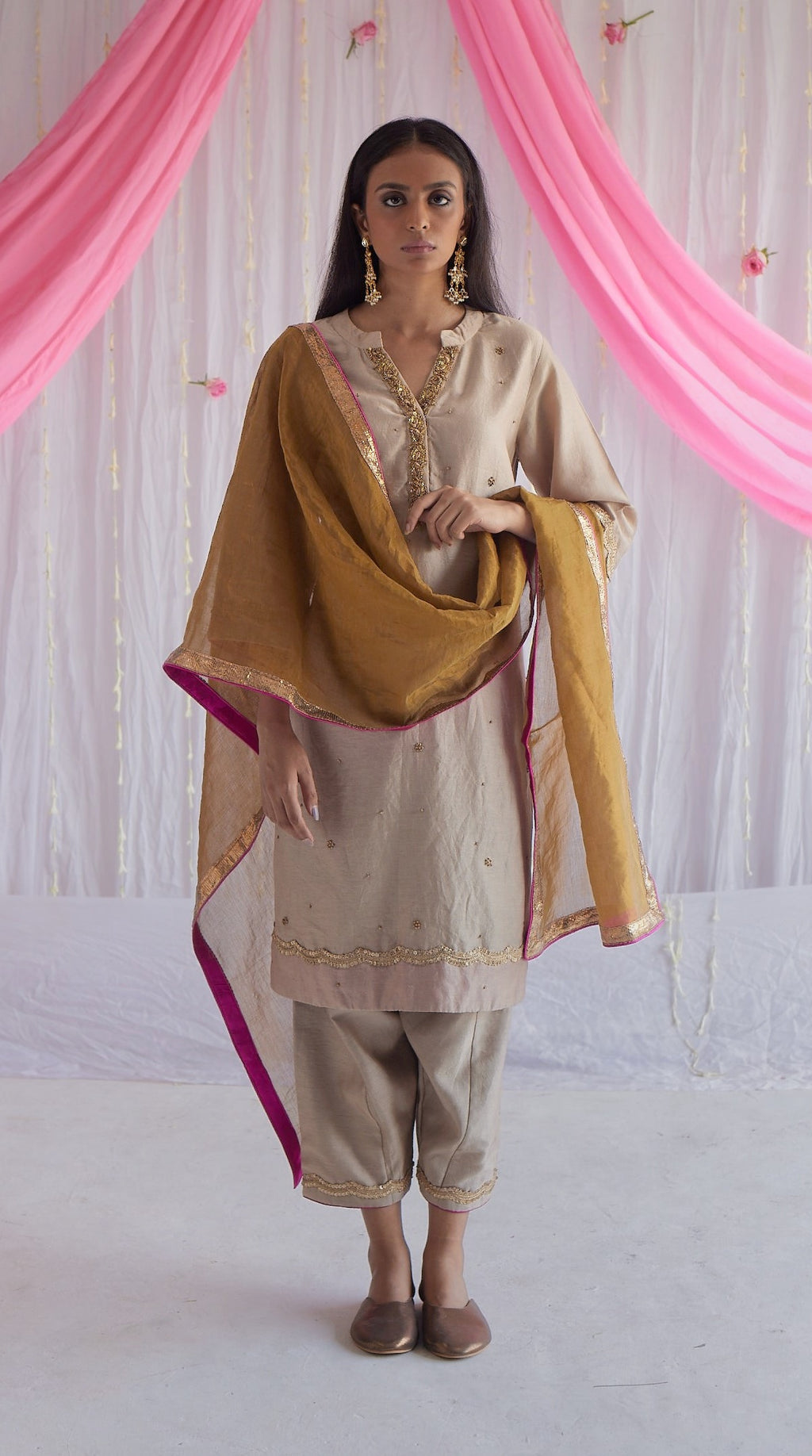 Chitkan Kurta in Pearl Beige Chanderi with Shalwar.