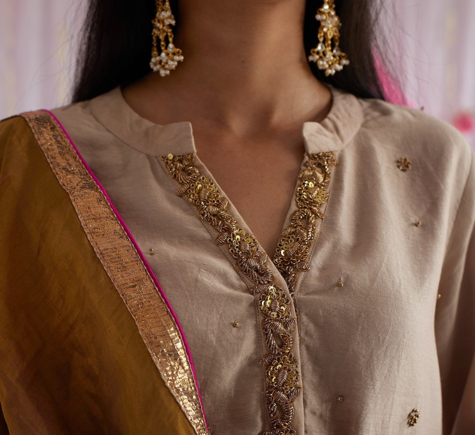 Chitkan Kurta in Pearl Beige Chanderi with Shalwar.