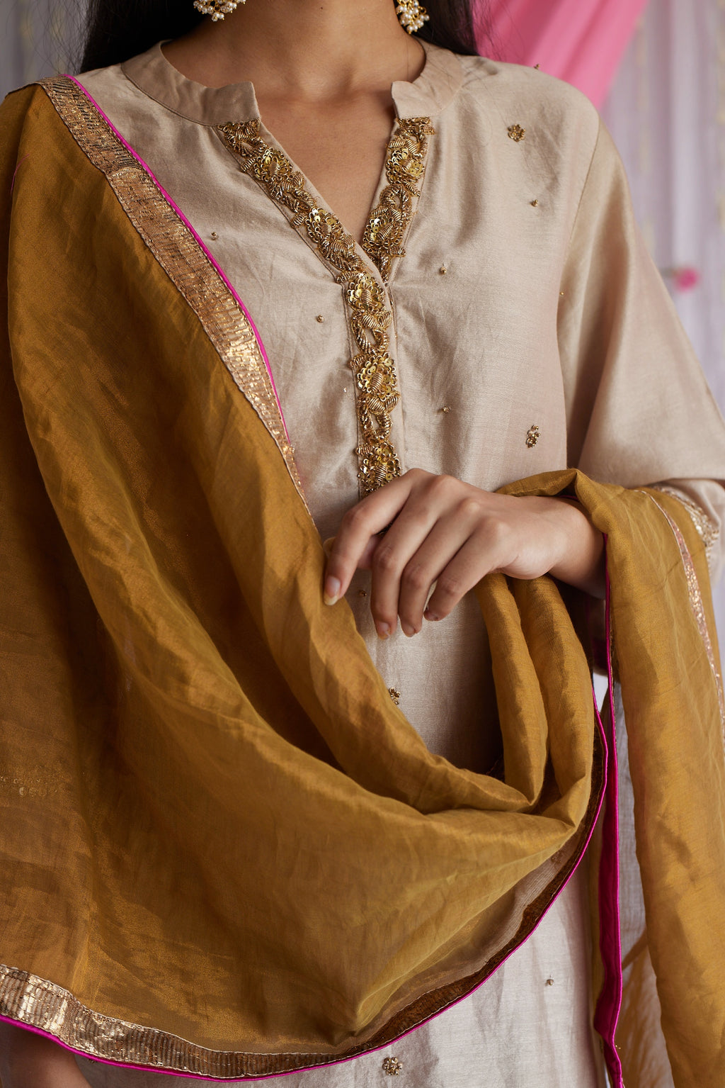 Chitkan Kurta in Pearl Beige Chanderi with Shalwar.