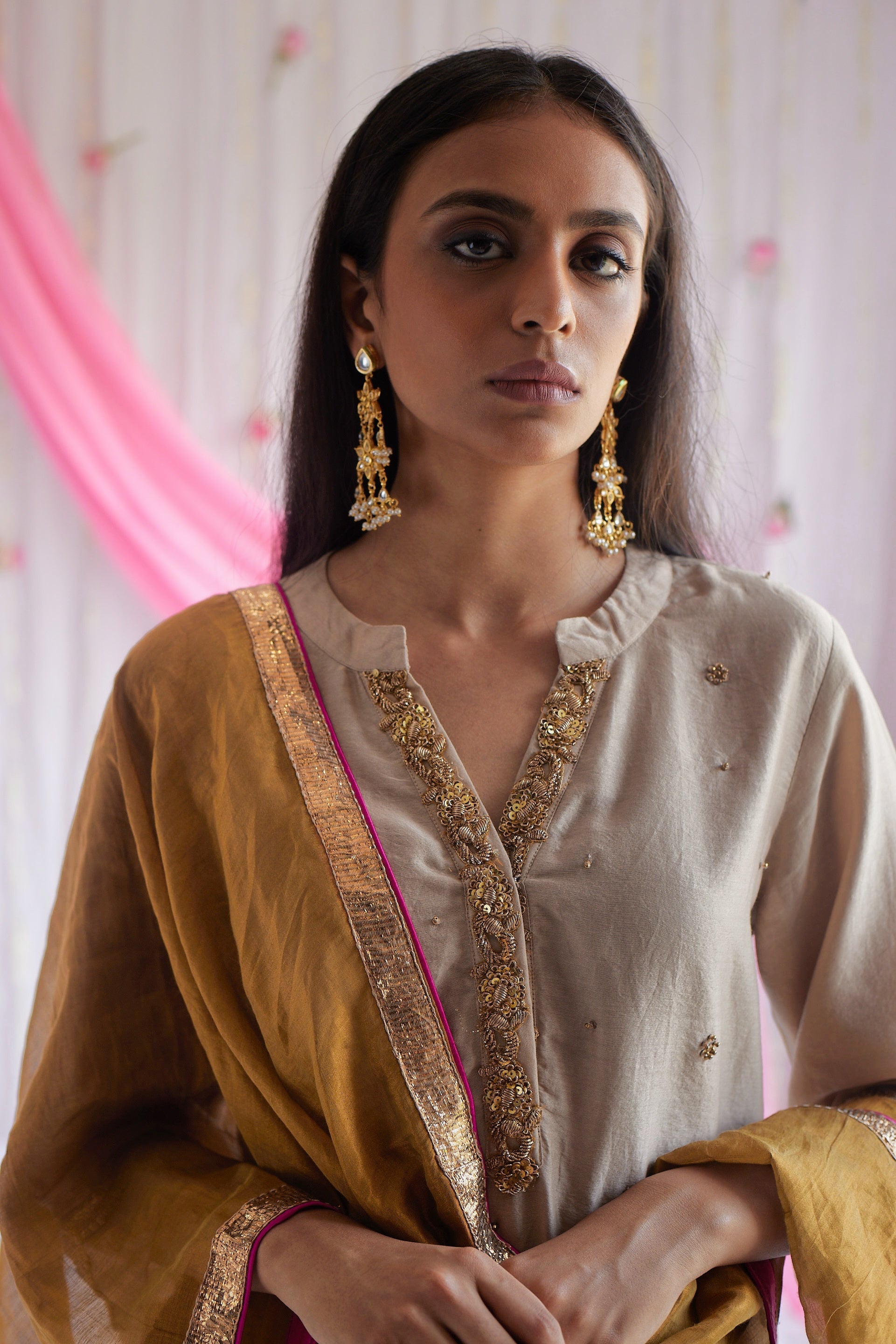 Chitkan Kurta in Pearl Beige Chanderi with Shalwar.