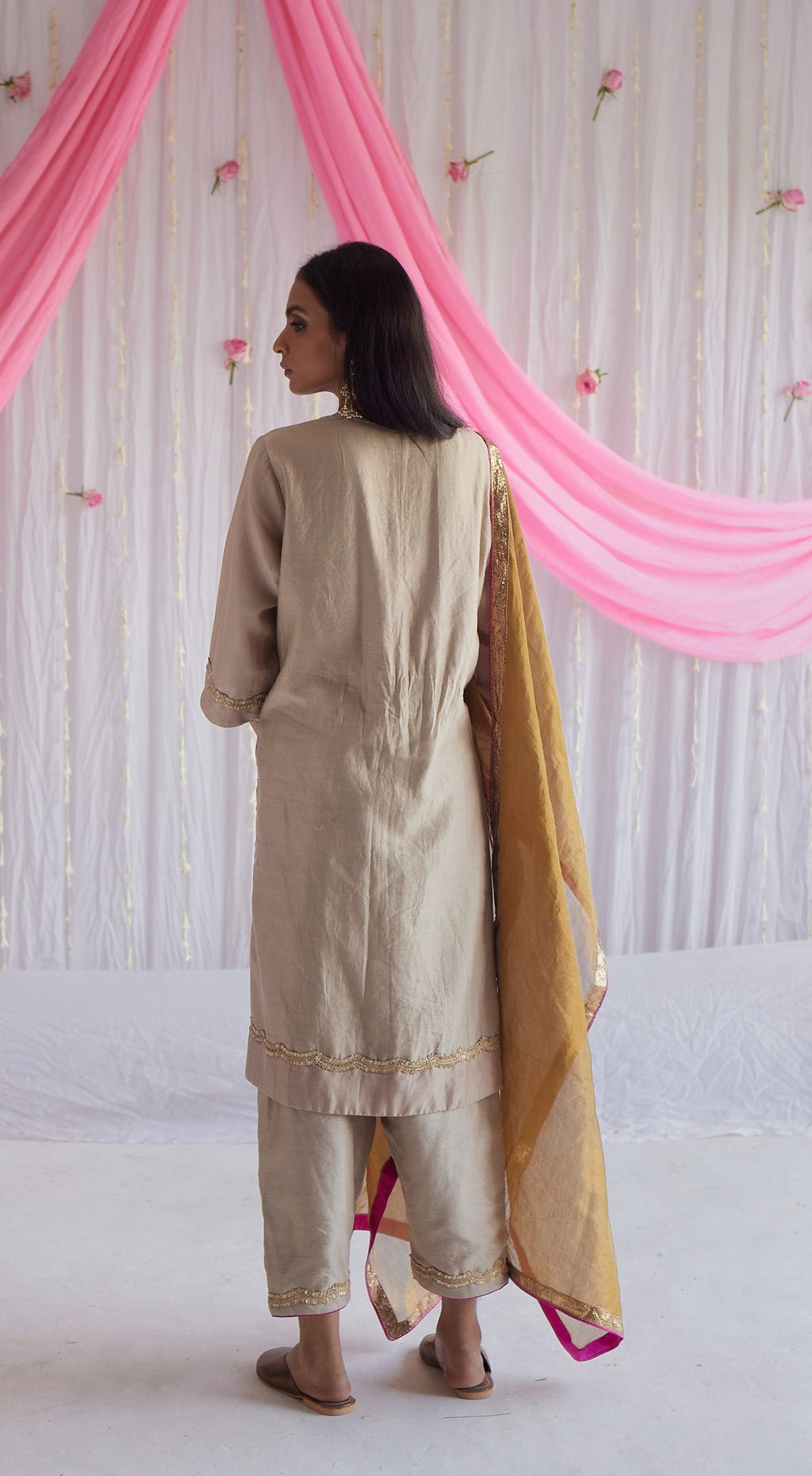 Chitkan Kurta in Pearl Beige Chanderi with Shalwar.