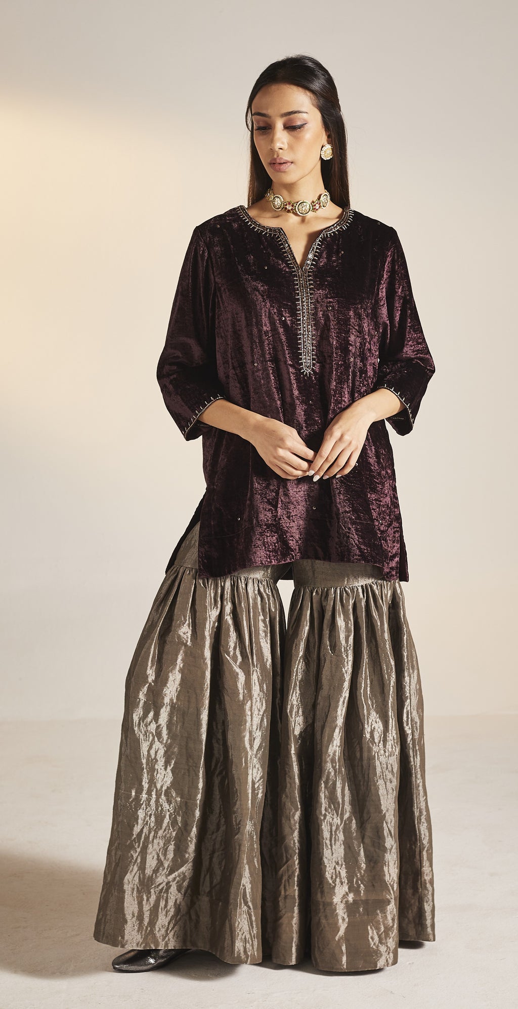 Mini Saifi in Wine Velvet with Sharara