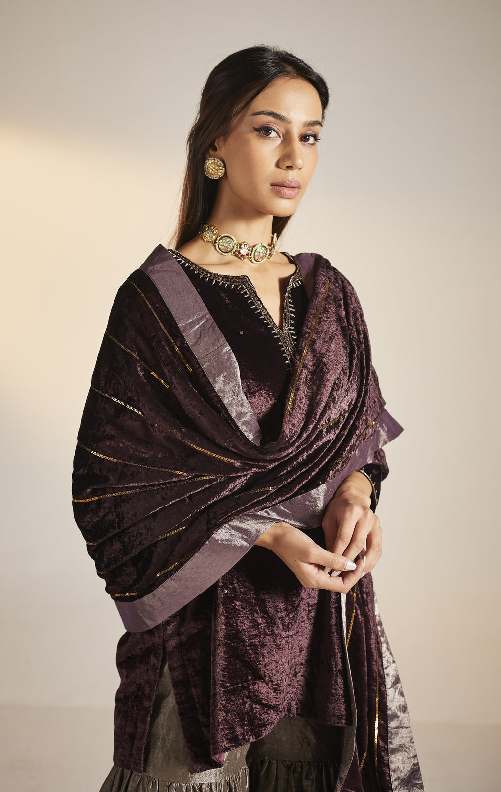 Mini Saifi in Wine Velvet with Sharara